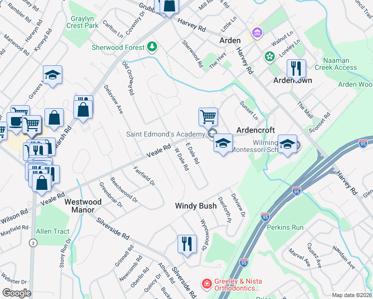 map of restaurants, bars, coffee shops, grocery stores, and more near 6 East Dale Road in Wilmington