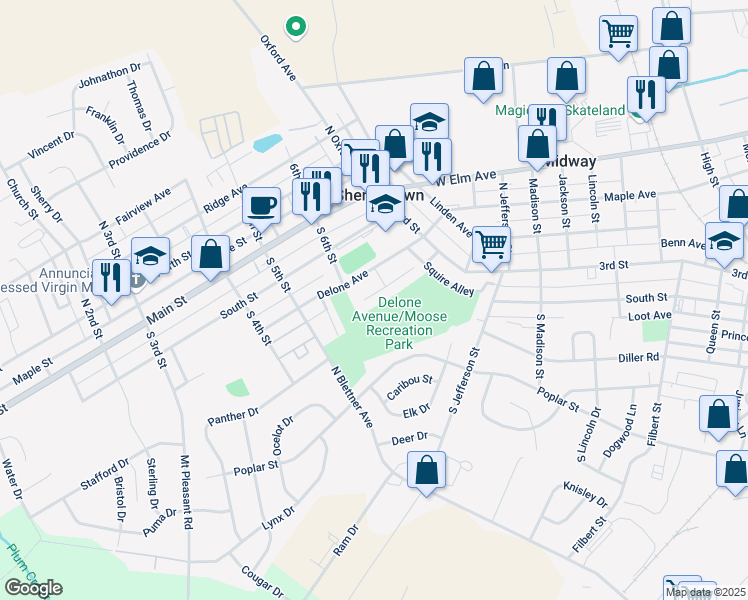 map of restaurants, bars, coffee shops, grocery stores, and more near 614 Cricket Lane in McSherrystown