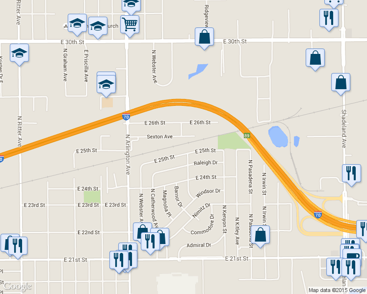 map of restaurants, bars, coffee shops, grocery stores, and more near 2501 North Kenyon Street in Indianapolis