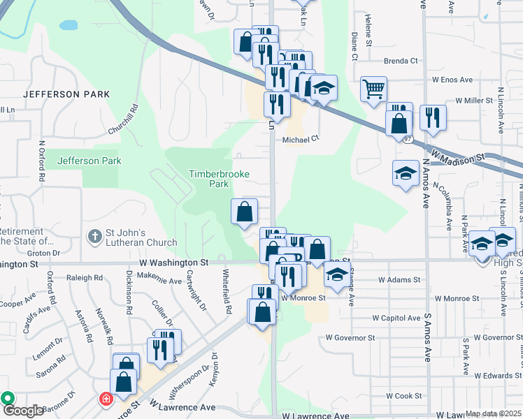map of restaurants, bars, coffee shops, grocery stores, and more near 1900 Jeanette 05 Lane in Springfield