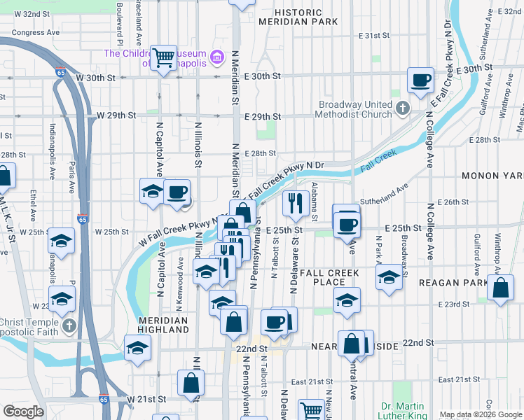 map of restaurants, bars, coffee shops, grocery stores, and more near 2537 North Pennsylvania Street in Indianapolis