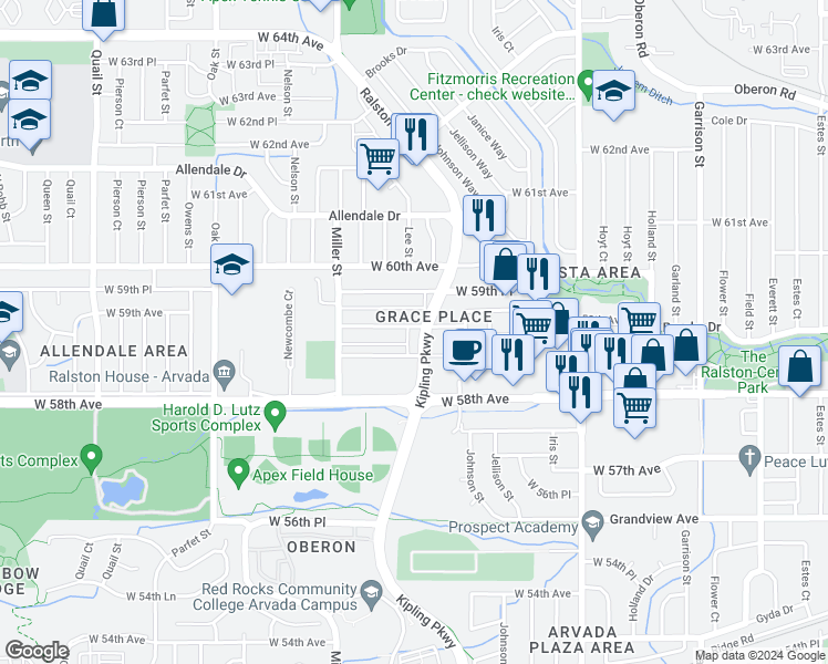 map of restaurants, bars, coffee shops, grocery stores, and more near 10216 West 59th Avenue in Arvada