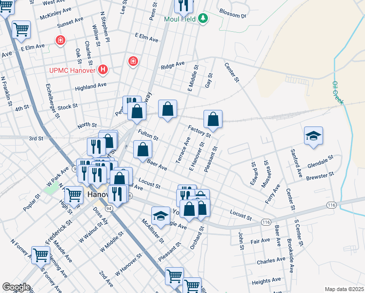 map of restaurants, bars, coffee shops, grocery stores, and more near 216 Fulton Street in Hanover