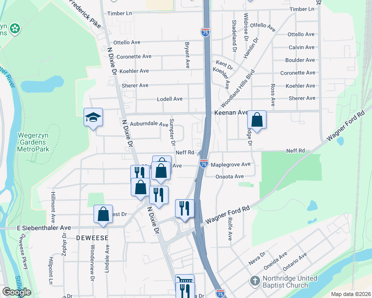 map of restaurants, bars, coffee shops, grocery stores, and more near 2159 Neff Road in Dayton