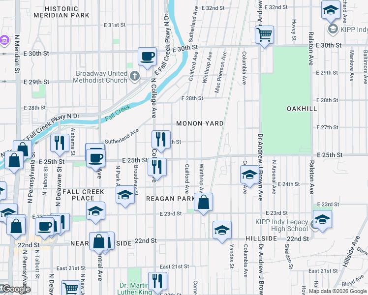 map of restaurants, bars, coffee shops, grocery stores, and more near 2528 Guilford Avenue in Indianapolis