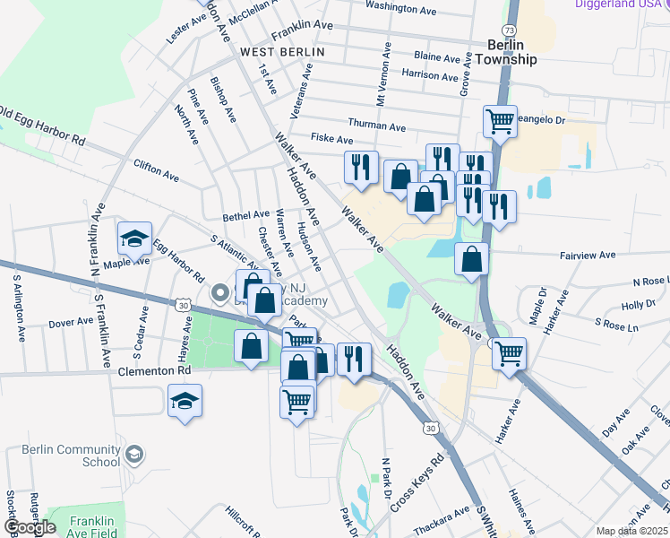 map of restaurants, bars, coffee shops, grocery stores, and more near 77 County Road 561 in Berlin Township