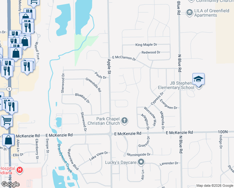 map of restaurants, bars, coffee shops, grocery stores, and more near 1005 Greenbrook Drive in Greenfield