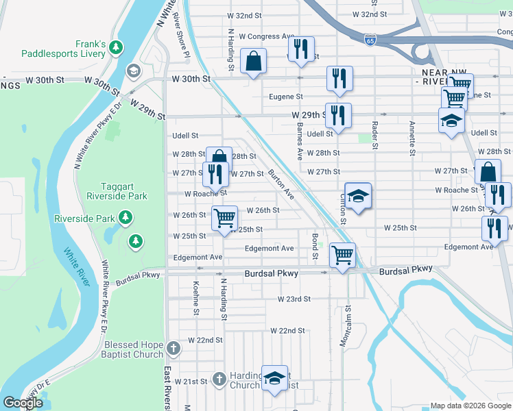 map of restaurants, bars, coffee shops, grocery stores, and more near 1310 West 26th Street in Indianapolis