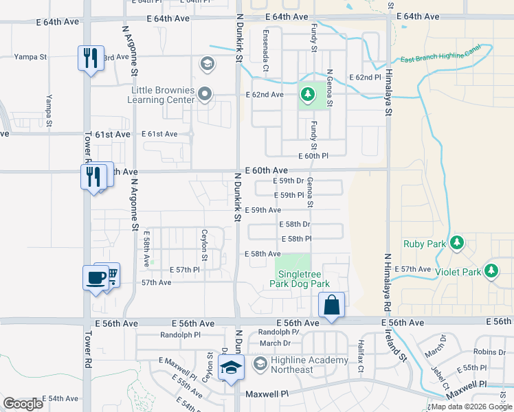 map of restaurants, bars, coffee shops, grocery stores, and more near 19423 East 59th Avenue in Aurora