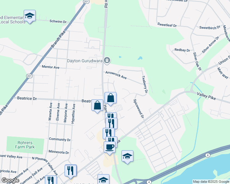 map of restaurants, bars, coffee shops, grocery stores, and more near 3140 Amsted Lane in Dayton