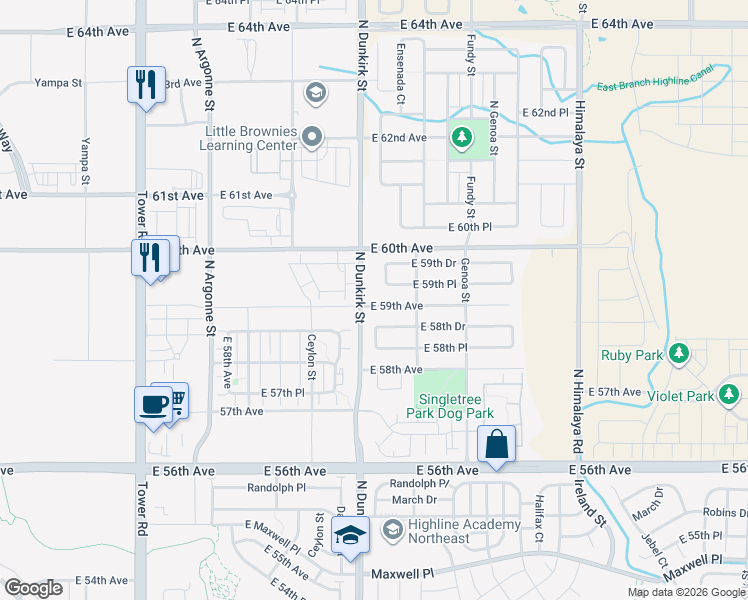 map of restaurants, bars, coffee shops, grocery stores, and more near 19423 East 59th Avenue in Aurora