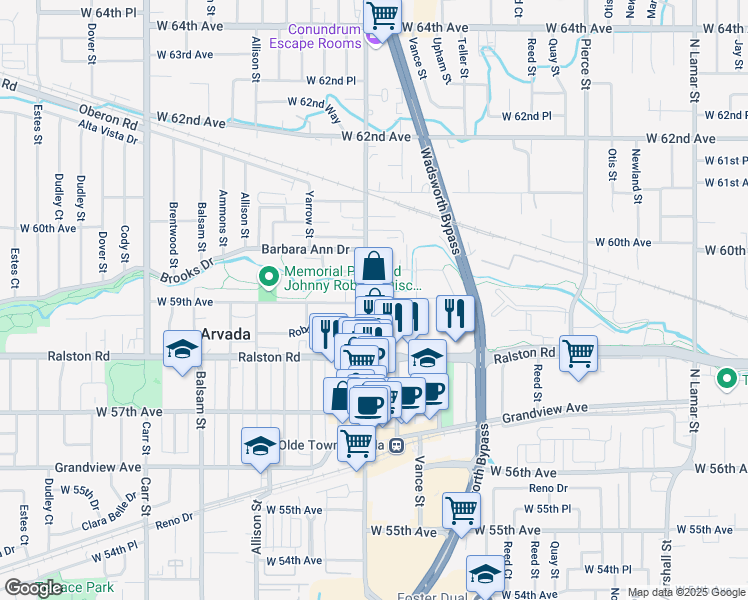 map of restaurants, bars, coffee shops, grocery stores, and more near 5900 Wadsworth Boulevard in Arvada
