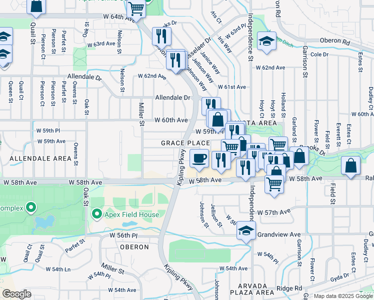 map of restaurants, bars, coffee shops, grocery stores, and more near 10216 West 59th Avenue in Arvada