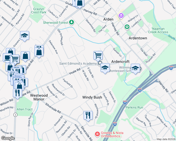 map of restaurants, bars, coffee shops, grocery stores, and more near 6 East Dale Road in Wilmington