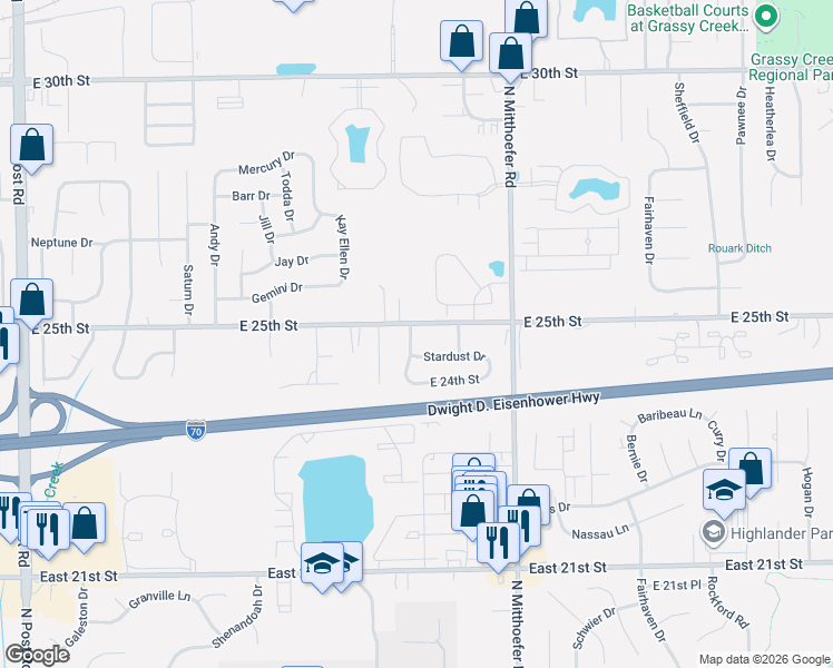 map of restaurants, bars, coffee shops, grocery stores, and more near 9751 East 25th Street in Indianapolis