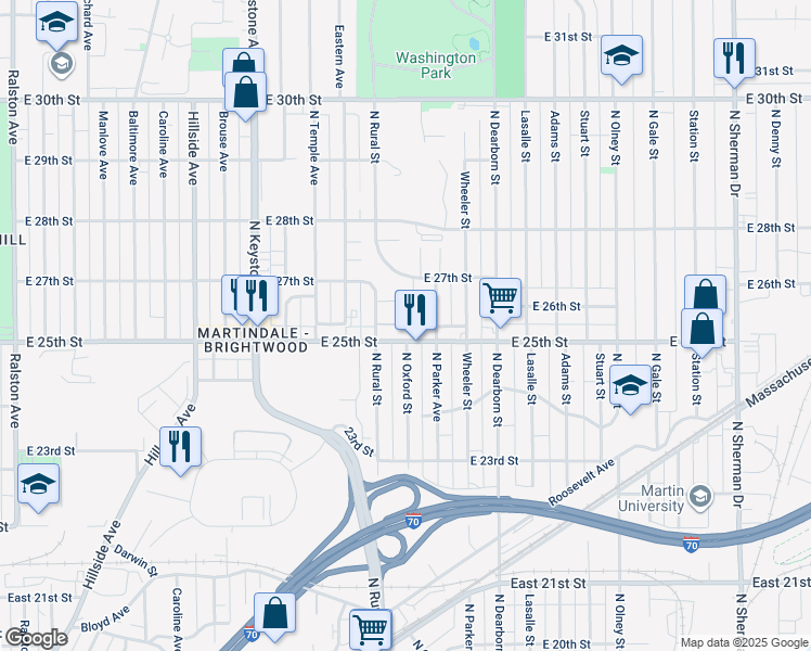map of restaurants, bars, coffee shops, grocery stores, and more near 2603 Hyche Avenue in Indianapolis