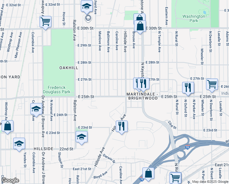 map of restaurants, bars, coffee shops, grocery stores, and more near 2522 Caroline Street in Indianapolis