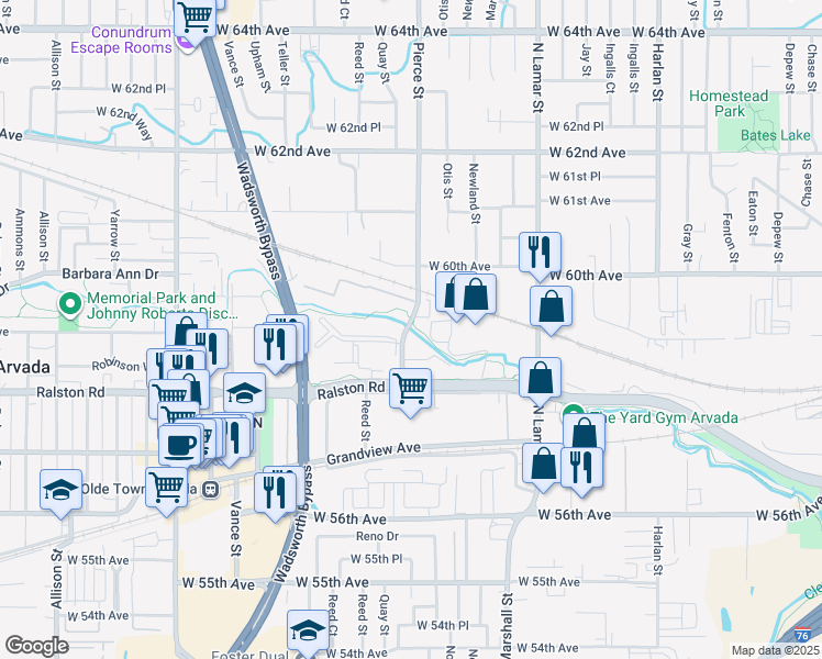 map of restaurants, bars, coffee shops, grocery stores, and more near 5856 Pierce Street in Arvada
