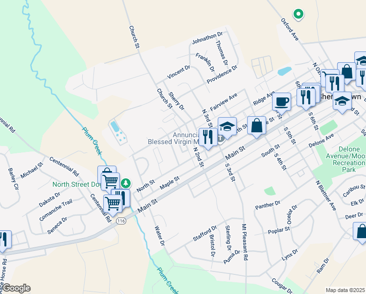map of restaurants, bars, coffee shops, grocery stores, and more near 124 Pin Oak Place in McSherrystown