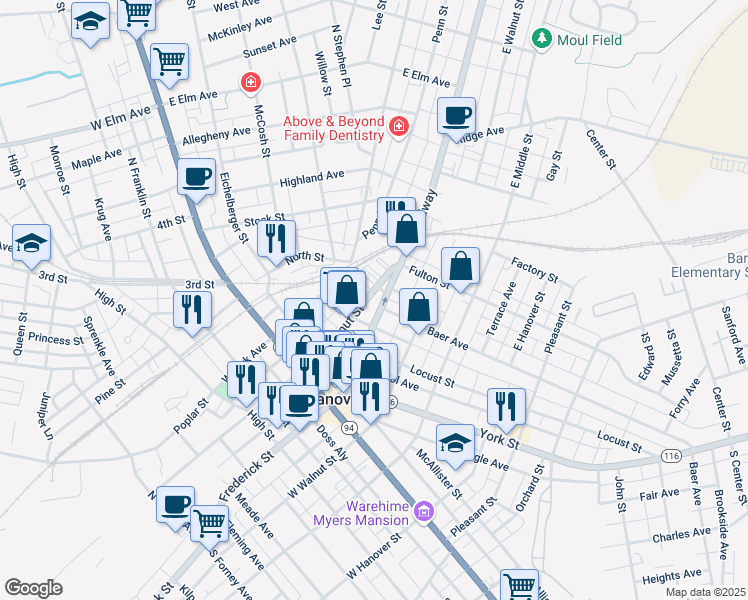 map of restaurants, bars, coffee shops, grocery stores, and more near 304 Broadway in Hanover
