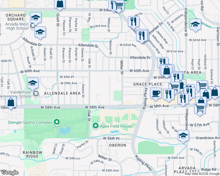 map of restaurants, bars, coffee shops, grocery stores, and more near 5900 Newcombe Court in Arvada