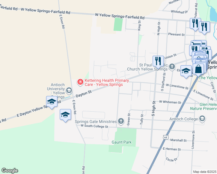 map of restaurants, bars, coffee shops, grocery stores, and more near 779 Dayton Street in Yellow Springs