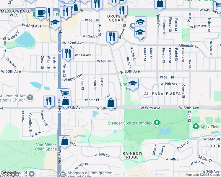 map of restaurants, bars, coffee shops, grocery stores, and more near 5882 Taft Street in Arvada