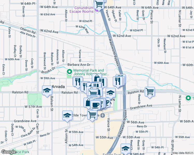 map of restaurants, bars, coffee shops, grocery stores, and more near 5900 Wadsworth Boulevard in Arvada