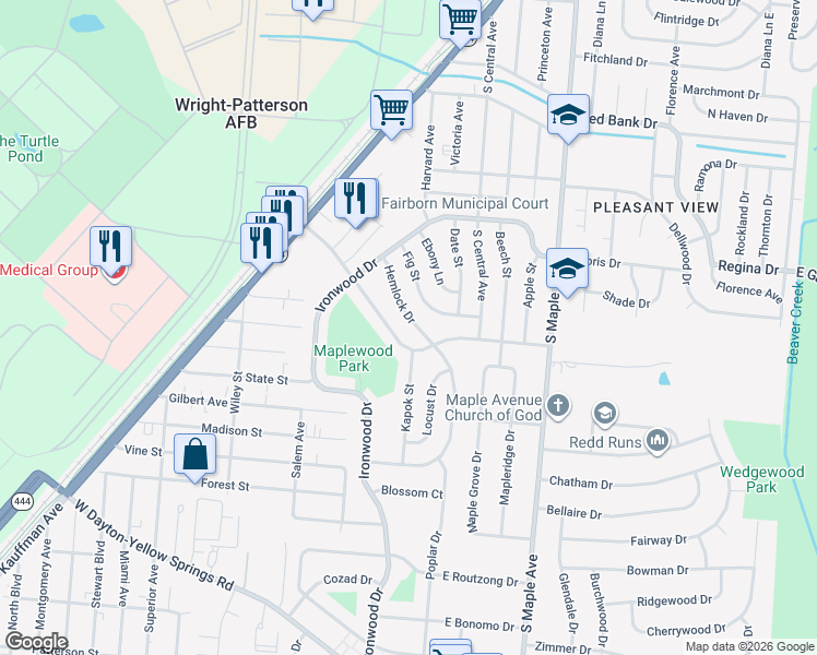 map of restaurants, bars, coffee shops, grocery stores, and more near 1265 Hemlock Drive in Fairborn