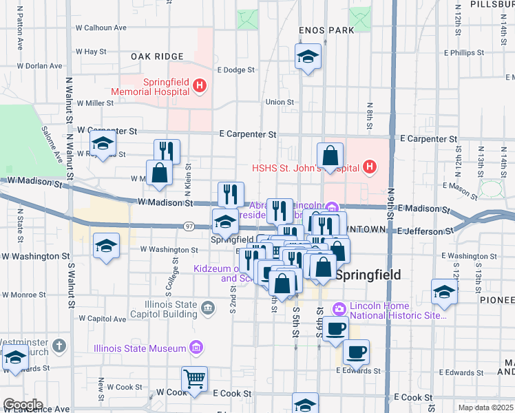 map of restaurants, bars, coffee shops, grocery stores, and more near 300 East Madison Street in Springfield