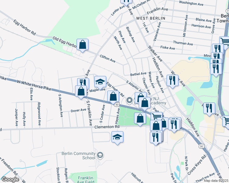 map of restaurants, bars, coffee shops, grocery stores, and more near 43 Egg Harbor Road in Berlin