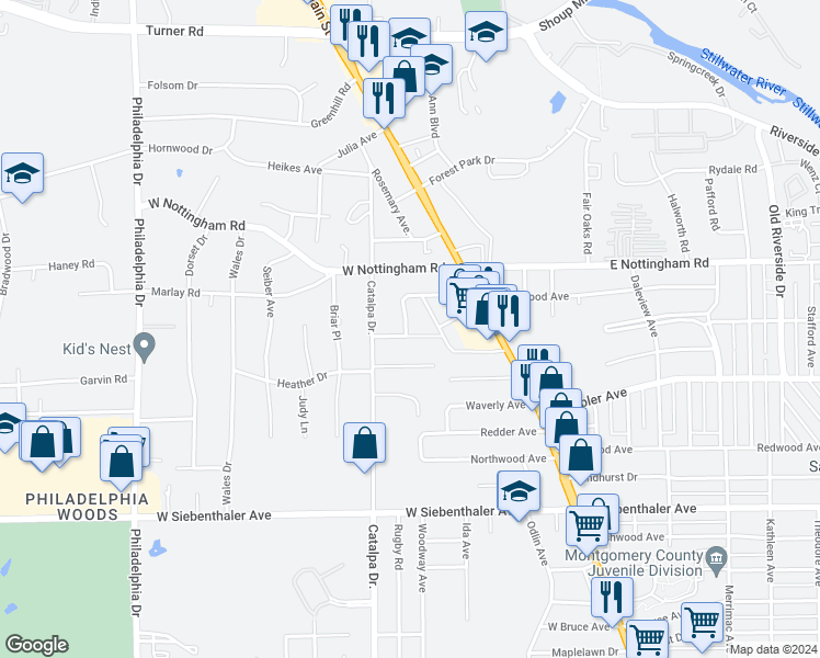 map of restaurants, bars, coffee shops, grocery stores, and more near 118 Bennington Drive in Dayton