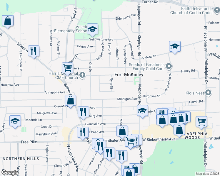 map of restaurants, bars, coffee shops, grocery stores, and more near 3909 Flynn Street in Dayton