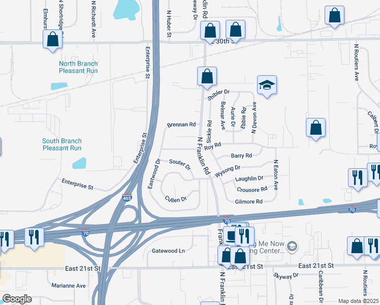 map of restaurants, bars, coffee shops, grocery stores, and more near 7915 Roy Road in Indianapolis