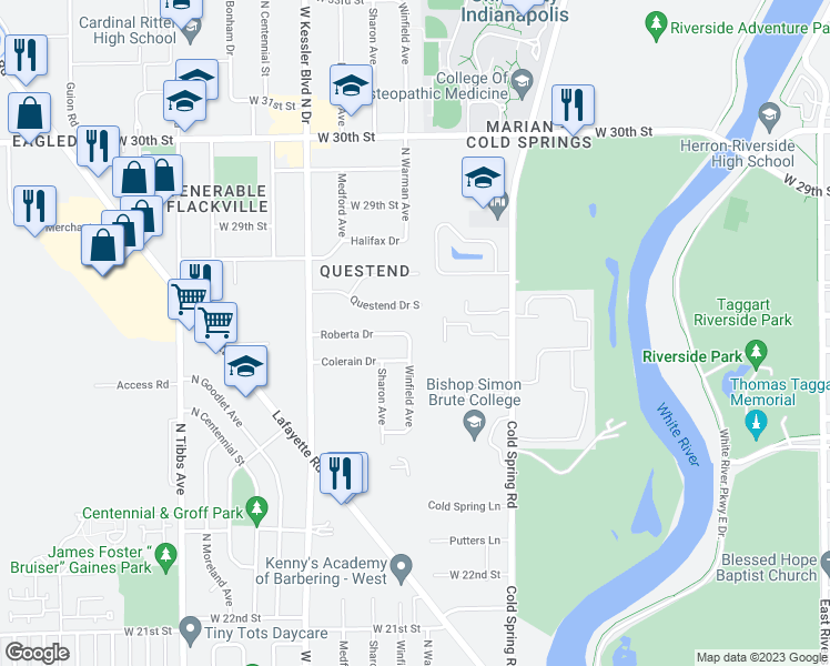 map of restaurants, bars, coffee shops, grocery stores, and more near 2814 Roberta Drive in Indianapolis
