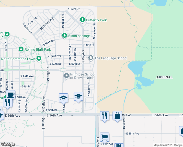 map of restaurants, bars, coffee shops, grocery stores, and more near 5925 Hanover Street in Denver