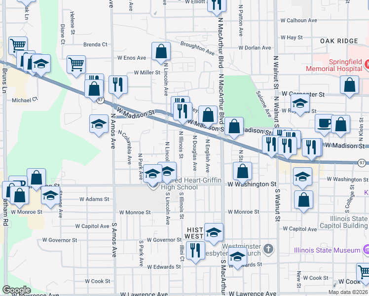 map of restaurants, bars, coffee shops, grocery stores, and more near 210 North Illinois Street in Springfield