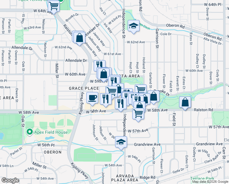 map of restaurants, bars, coffee shops, grocery stores, and more near 9604 Ralston Road in Arvada