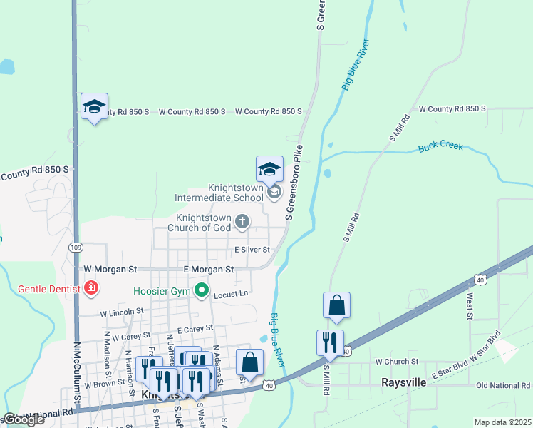 map of restaurants, bars, coffee shops, grocery stores, and more near North Eastview Street in Knightstown