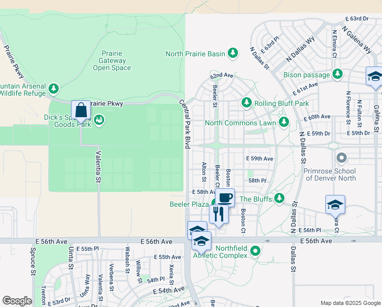 map of restaurants, bars, coffee shops, grocery stores, and more near 5922 Central Park Boulevard in Denver