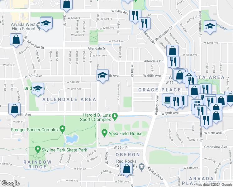 map of restaurants, bars, coffee shops, grocery stores, and more near 5897 Newcombe Court in Arvada
