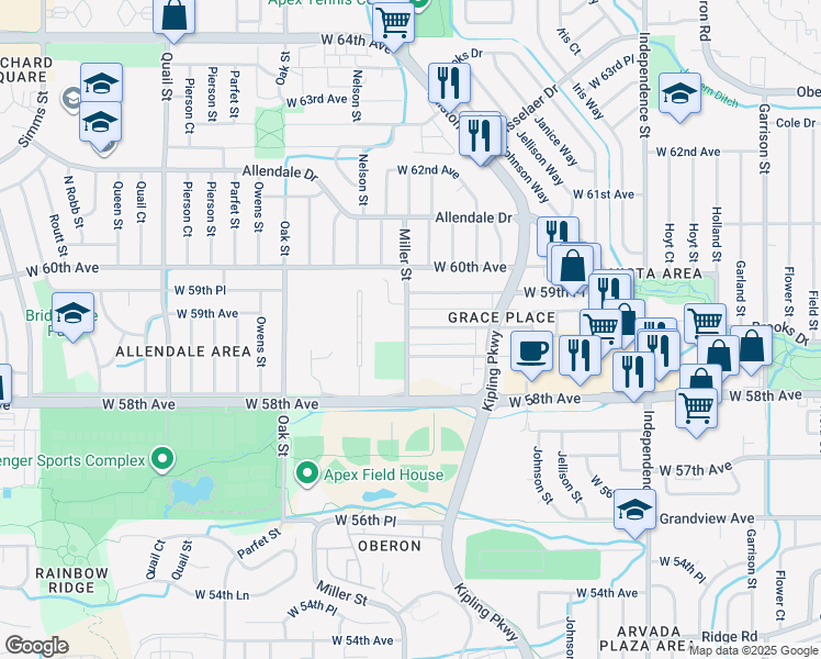 map of restaurants, bars, coffee shops, grocery stores, and more near 5896 Miller Street in Arvada