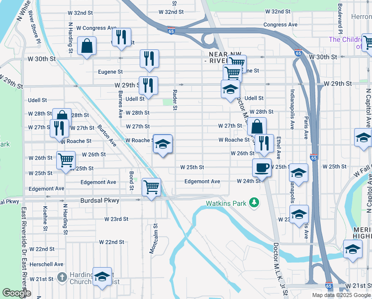 map of restaurants, bars, coffee shops, grocery stores, and more near 950 West 26th Street in Indianapolis