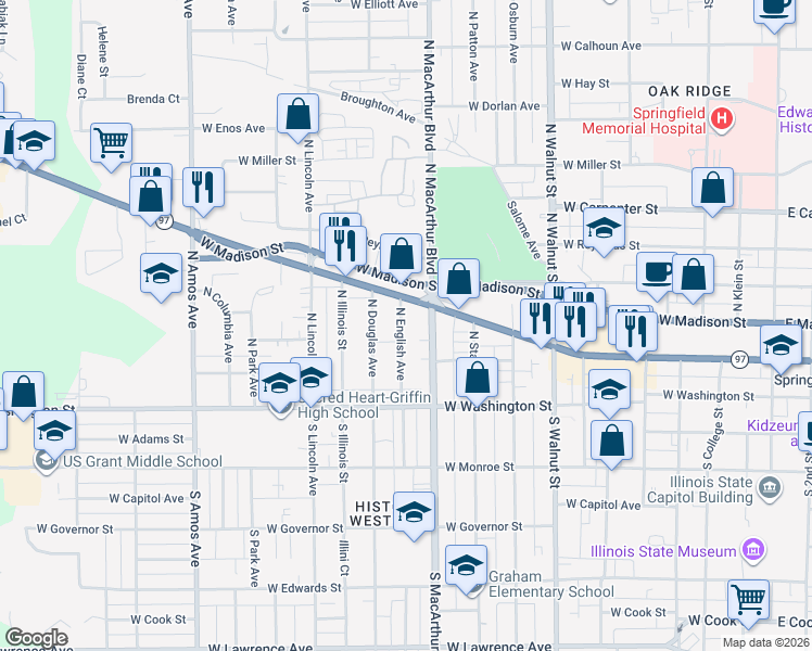 map of restaurants, bars, coffee shops, grocery stores, and more near 221 North English Avenue in Springfield