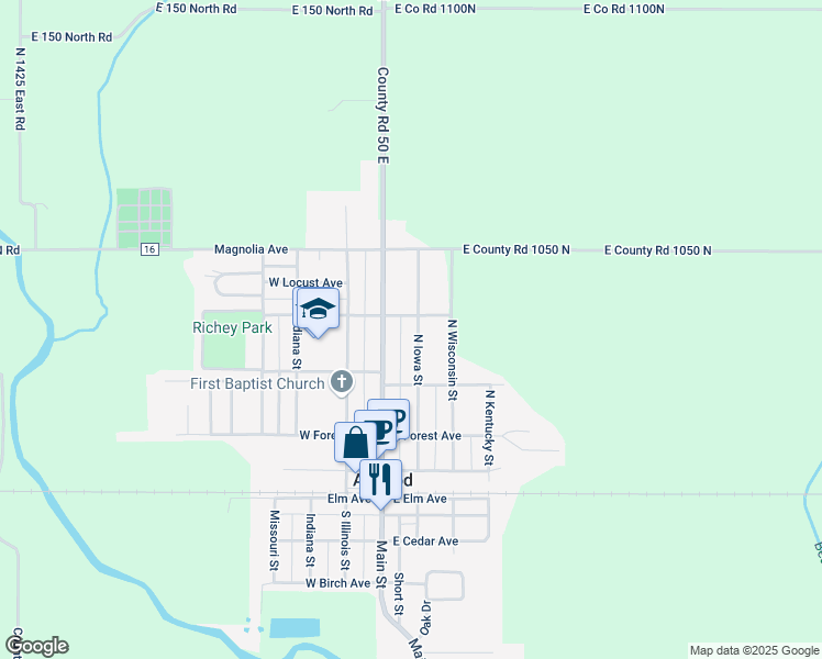 map of restaurants, bars, coffee shops, grocery stores, and more near 335 North Iowa Street in Atwood