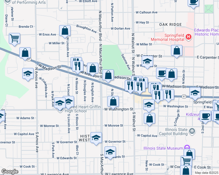 map of restaurants, bars, coffee shops, grocery stores, and more near 906 West Jefferson Street in Springfield