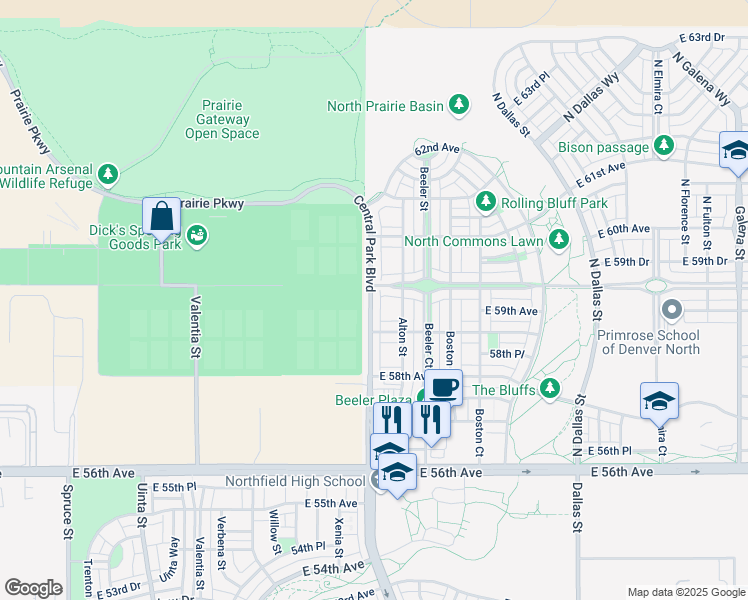 map of restaurants, bars, coffee shops, grocery stores, and more near 5922 Central Park Boulevard in Denver