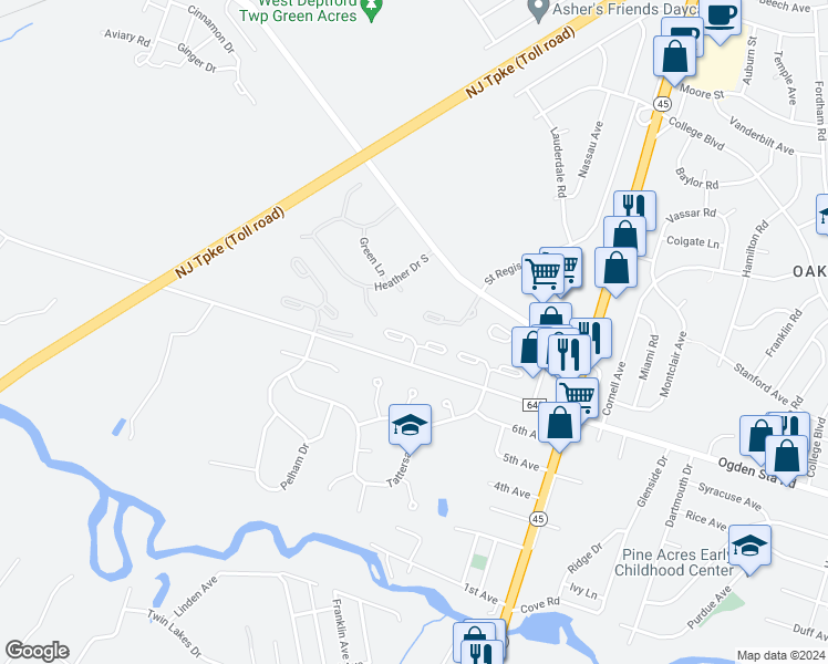 map of restaurants, bars, coffee shops, grocery stores, and more near 412 Durham Court in West Deptford