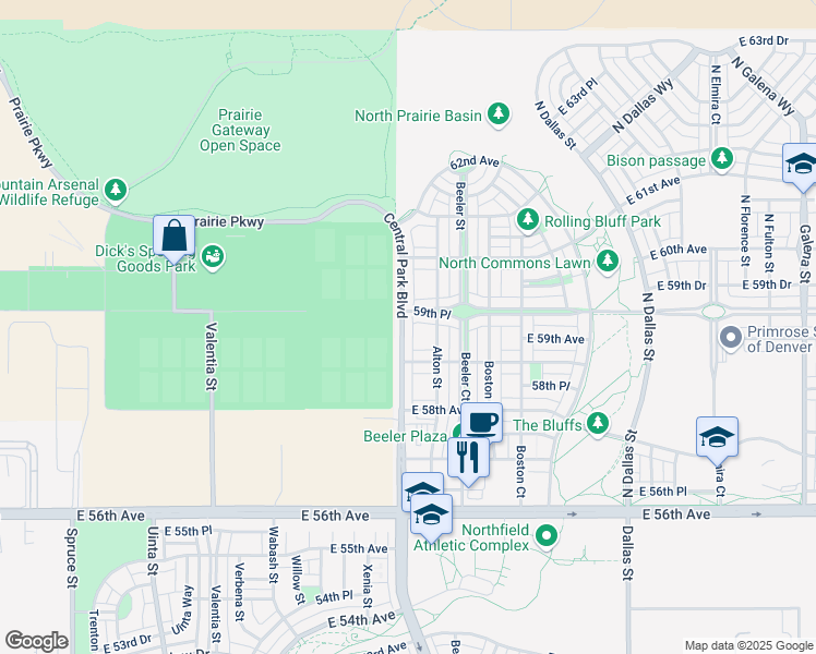 map of restaurants, bars, coffee shops, grocery stores, and more near 5922 Central Park Boulevard in Denver