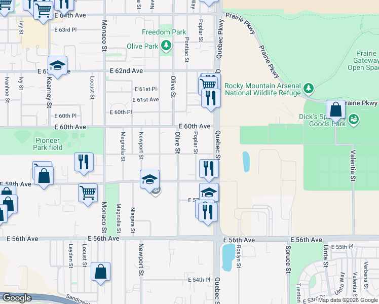 map of restaurants, bars, coffee shops, grocery stores, and more near 7145 East 59th Avenue in Commerce City